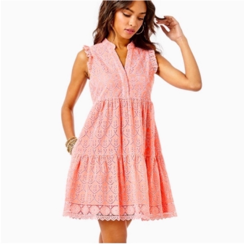 Lilly Pulitzer Briela Dress Designer Eyelet Sleeveless Mini Pink Size Medium